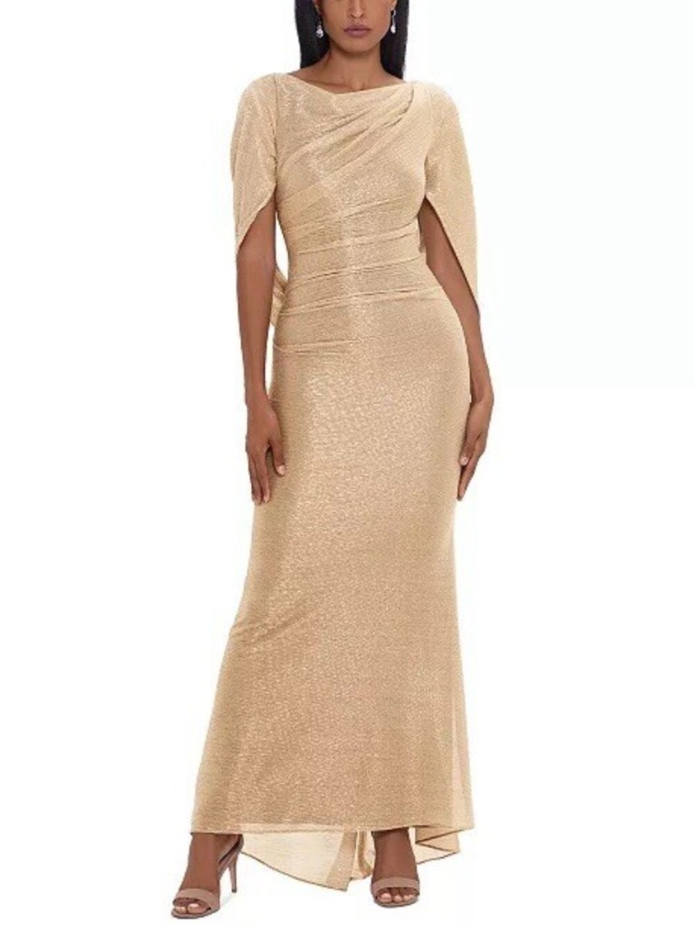 Betsy & Adam Size 6 Champagne Gold Metallic Cape Sleeve Cocktail Gown Dress